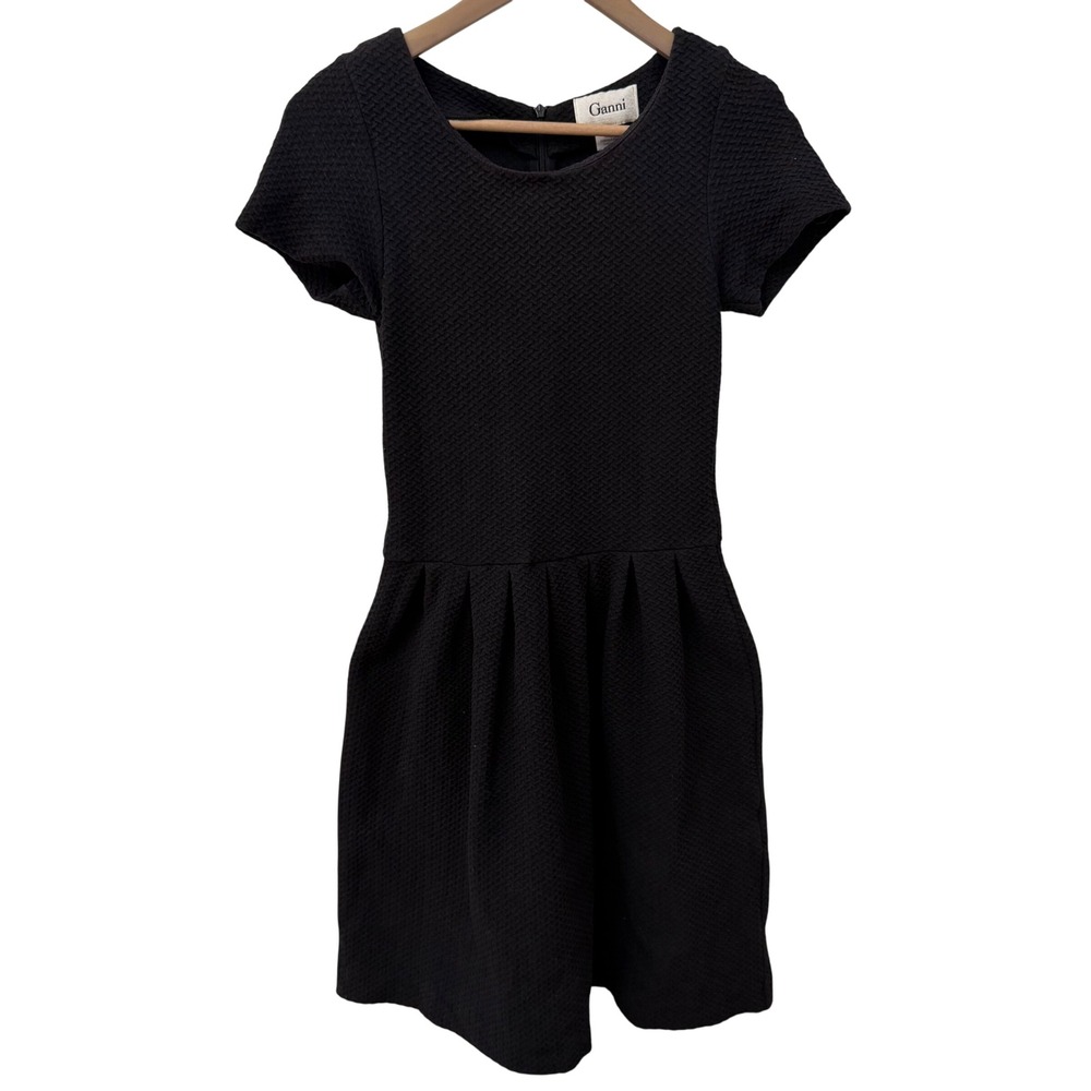 Ganni‎ Mini Dress XS Black Textured Waffle Knit Short Sleeve Fit Flare